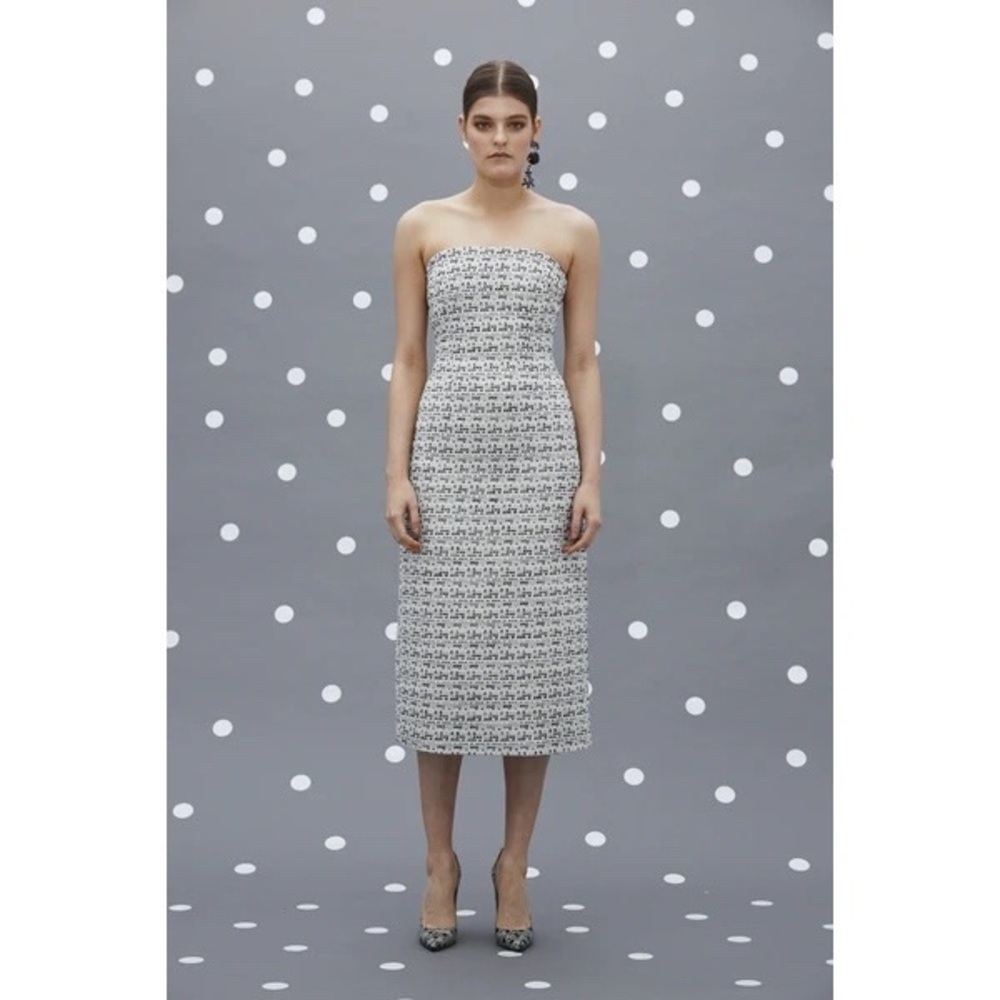 By Johnny. Tweed Strapless Structured Midi Dress Size 4 Black White Gold $349